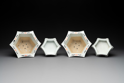 A pair of Chinese famille rose 'Wu Shuang Pu' hexagonal jardini&egrave;res on stands, Republic