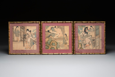 Chinese School: Nine 'erotic' paintings, ink and colour on silk, 19th C.