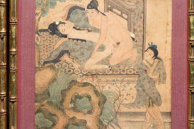 Chinese School: Nine 'erotic' paintings, ink and colour on silk, 19th C.