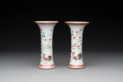 A Chinese famille rose 'birds' garniture with five vases, Qianlong