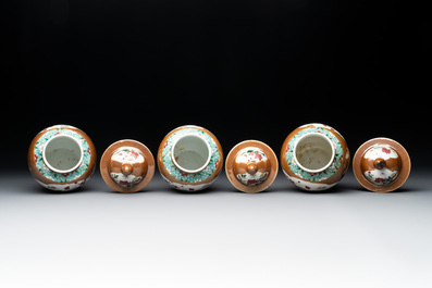 Three Chinese famille rose capucin-brown-ground vases and three covered sugar bowls, 18/19th C.