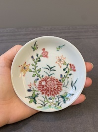 Three Chinese famille rose 'birds and flowers' cups and saucers, Yongzheng