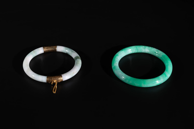 Two Chinese jadeite bracelets, one with 14K gold mounts, 19/20th C.