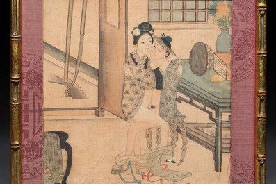 Chinese School: Nine 'erotic' paintings, ink and colour on silk, 19th C.