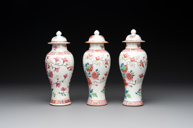 A Chinese famille rose 'birds' garniture with five vases, Qianlong