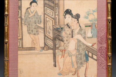 Chinese School: Nine 'erotic' paintings, ink and colour on silk, 19th C.