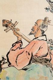 Cheng Shifa 程十发 (1921-2007): 'Pipa playing sage', ink and colour on paper, dated 2000