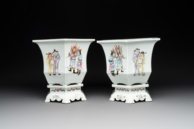 A pair of Chinese famille rose 'Wu Shuang Pu' hexagonal jardini&egrave;res on stands, Republic