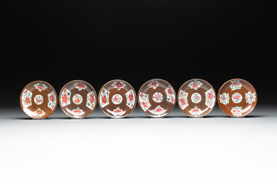 29 Chinese famille rose capucin-brown-ground tea wares, Yongzheng/Qianlong