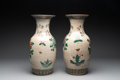 A pair of Chinese Nanking famille verte crackle-glazed vases, a famille rose vase and a blue and white celadon-ground vase, Chenghua mark, 19th C.