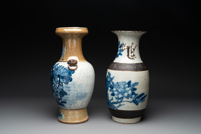 Seven Chinese Nanking blue and white and famille verte crackle-glazed vases, 19/20th C.