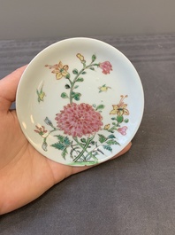 Three Chinese famille rose 'birds and flowers' cups and saucers, Yongzheng