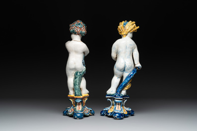 Two polychrome Dutch Delft allegorical figures of the four seasons, 18th C.