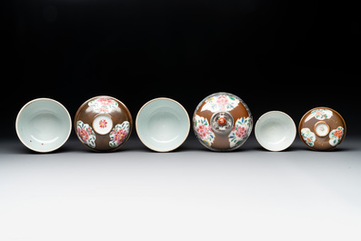 Three Chinese famille rose capucin-brown-ground vases and three covered sugar bowls, 18/19th C.