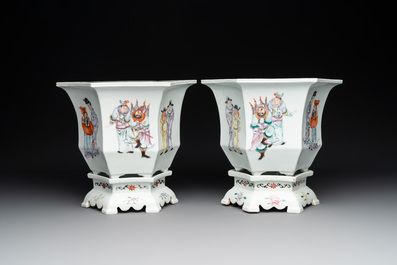A pair of Chinese famille rose 'Wu Shuang Pu' hexagonal jardini&egrave;res on stands, Republic
