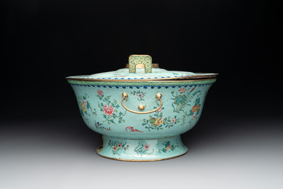 A large Chinese Canton enamel green-ground hot pot with floral design, 18th C.