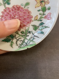 Three Chinese famille rose 'birds and flowers' cups and saucers, Yongzheng