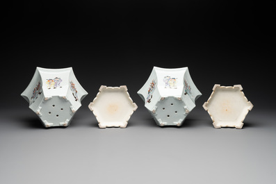 A pair of Chinese famille rose 'Wu Shuang Pu' hexagonal jardini&egrave;res on stands, Republic