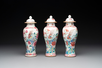 A Chinese famille rose 'birds' garniture with five vases, Qianlong