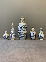 Five Chinese blue and white silver-mounted vases, Kangxi