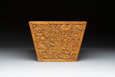 A Chinese huanghuali trapezoidal vessel with four heavenly kings among the clouds, 18th C.
