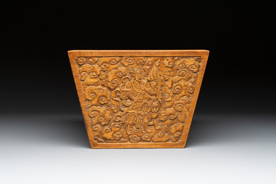 A Chinese huanghuali trapezoidal vessel with four heavenly kings among the clouds, 18th C.