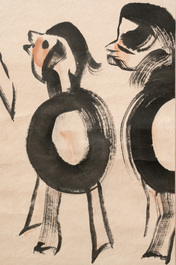Cheng Shifa 程十发 (1921-2007): 'Shepherdess surrounded by three goats', ink and colour on paper, dated 1978