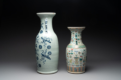 A pair of Chinese Nanking famille verte crackle-glazed vases, a famille rose vase and a blue and white celadon-ground vase, Chenghua mark, 19th C.