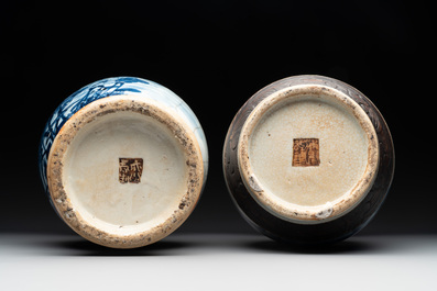 Seven Chinese Nanking blue and white and famille verte crackle-glazed vases, 19/20th C.