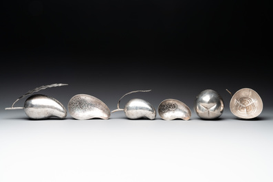Eight silver betel chewing utensils, Southeast Asia, 19/20th C.