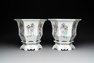A pair of Chinese famille rose 'Wu Shuang Pu' hexagonal jardini&egrave;res on stands, Republic