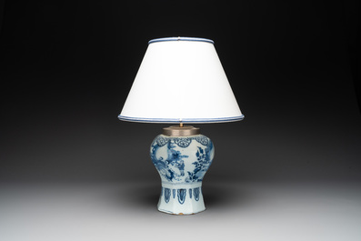 A rare blue and white Dutch Delft chinoiserie vase with elephants mounted as a lamp, 17th C.