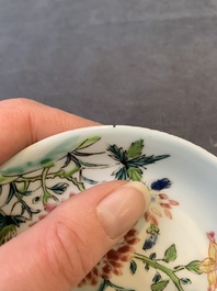 Three Chinese famille rose 'birds and flowers' cups and saucers, Yongzheng