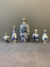 Five Chinese blue and white silver-mounted vases, Kangxi