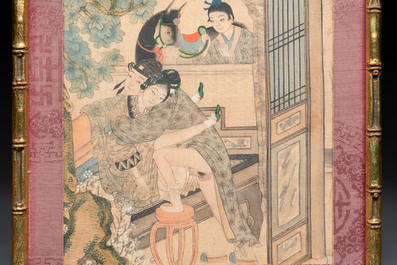 Chinese School: Nine 'erotic' paintings, ink and colour on silk, 19th C.
