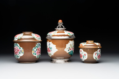 Three Chinese famille rose capucin-brown-ground vases and three covered sugar bowls, 18/19th C.