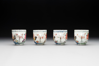 Two Chinese famille rose 'rooster' teapots, a milk jug and four handled cups, Yongzheng