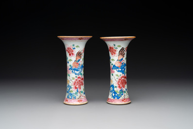 A Chinese famille rose 'birds' garniture with five vases, Qianlong