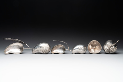 Eight silver betel chewing utensils, Southeast Asia, 19/20th C.