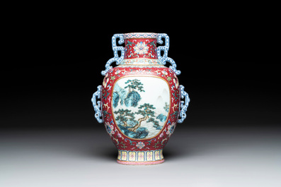 A fine Chinese famille rose ruby-sgraffito-ground 'Hai Wu Tian Shou 海屋添壽' vase with 'chilong' handles, Qianlong mark and of the period