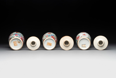 A Chinese famille rose 'birds' garniture with five vases, Qianlong