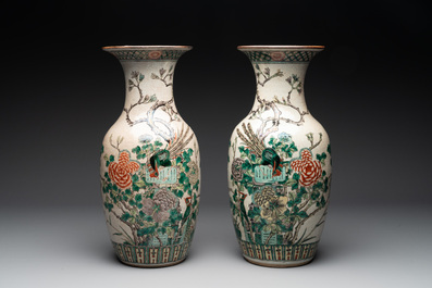 A pair of Chinese Nanking famille verte crackle-glazed vases, a famille rose vase and a blue and white celadon-ground vase, Chenghua mark, 19th C.