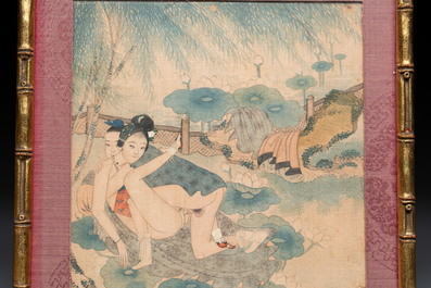Chinese School: Nine 'erotic' paintings, ink and colour on silk, 19th C.