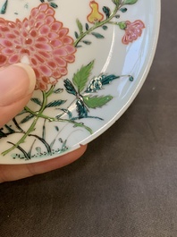 Three Chinese famille rose 'birds and flowers' cups and saucers, Yongzheng