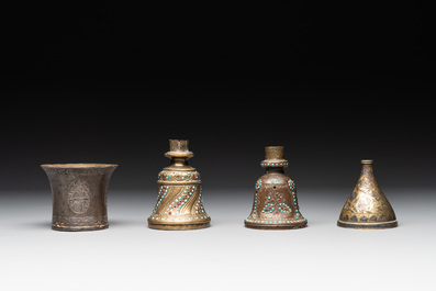 A bidri vase, a steel hookah cup and three copper alloy hookah mounts, India/Persia, 19th C.