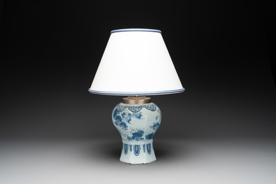 A rare blue and white Dutch Delft chinoiserie vase with elephants mounted as a lamp, 17th C.