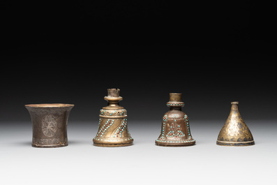A bidri vase, a steel hookah cup and three copper alloy hookah mounts, India/Persia, 19th C.