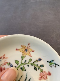 Three Chinese famille rose 'birds and flowers' cups and saucers, Yongzheng