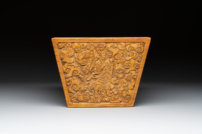 A Chinese huanghuali trapezoidal vessel with four heavenly kings among the clouds, 18th C.