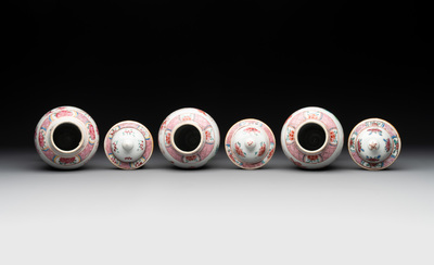 A Chinese famille rose 'birds' garniture with five vases, Qianlong
